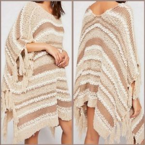 Free People Big Dipper Stripe Poncho Fringe One Size  Textured Knit Oversized